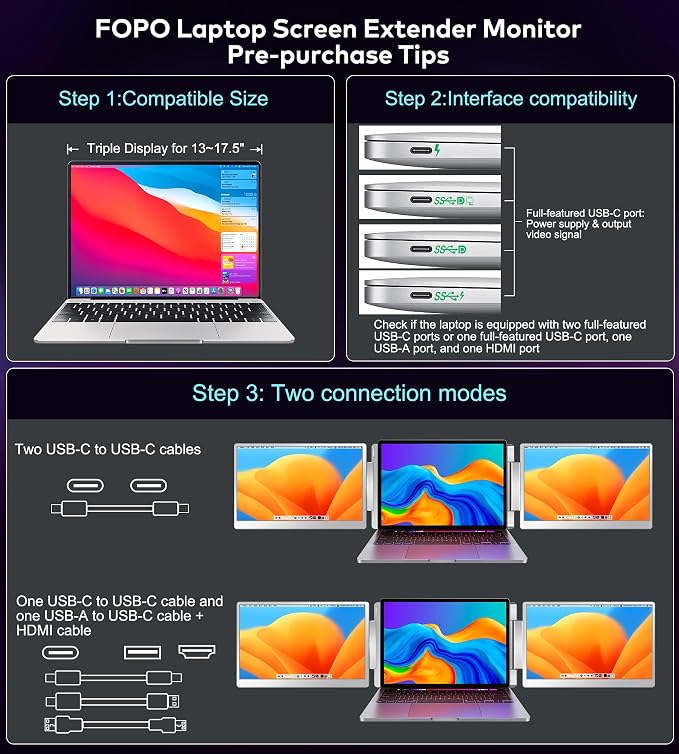 Laptop Screen Extender 16"- 1200P 16:10 FHD Triple Monitor for 12-18.5", Portable Monitor for Laptop with HDMI and USB-C Connectivity for MacBooks(NOT M1 M2 M3)/Wins, Chrome, Surface