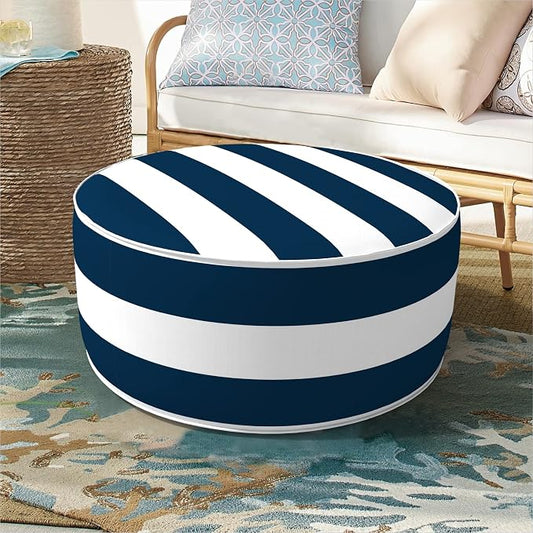 DYTXIII Inflatable Ottoman Stool D21 xH9 for Outdoor/Indoor Use, Water Repellent Patio Foot Rest Stool with Portable Handle,Round Pouf Ottoman Suitable for Garden,Deck and Camping - Cabana Navy