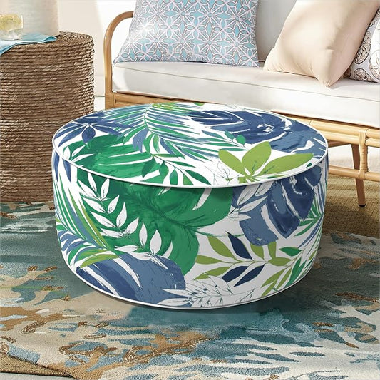 DYTXIII Inflatable Ottoman Stool D21 xH9 for Outdoor/Indoor Use, Water Repellent Patio Foot Rest with Portable Handle,Round Pouf Ottoman Suitable for Garden,Deck and Camping - Islamorada Blue Green