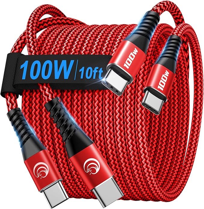 USBC to USBC 100W [10ft/2 Pack] USB C to USB C Fast Charging Cable Braided C to C Charger Cord 5A for MacBook Pro/Air, iPhone 16 15 Pro Max Plus,iPad Pro,Samsung Galaxy S24 Ultra S23,Pixel,PS5,Switch