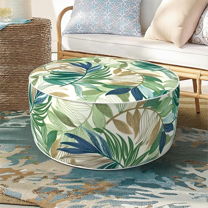 DYTXIII Inflatable Ottoman Stool D21 xH9 for Outdoor/Indoor Use, Water Repellent Patio Foot Rest Stool with Portable Handle,Round Pouf Ottoman Suitable for Garden,Deck and Camping - Lush Leaf Green