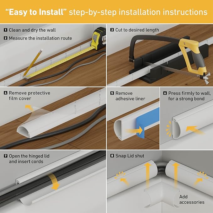 D-Line 13.12ft Cord Hider Kit, Patented Cable Cover, Hide Wires on Wall, Channel for TV Mount Cords, Raceway Wire Hiders, Paintable, Adhesive, Half Round, 4X 1.18in W x 0.59in H x 39in Lengths, Gray