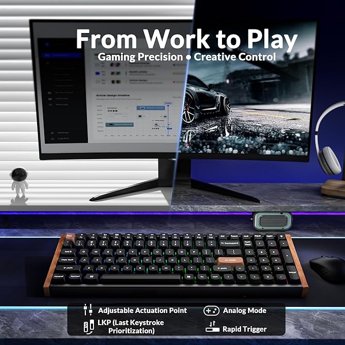 Keychron K4 HE 96% Wireless Hall Effect Keyboard with Number Pad, Rapid Trigger Magnetic Switches, QMK Launcher, 2.4GHz/Bluetooth/Wired, Mac & Windows, Wood Accent Frame, Black (Non-Shine-Through)