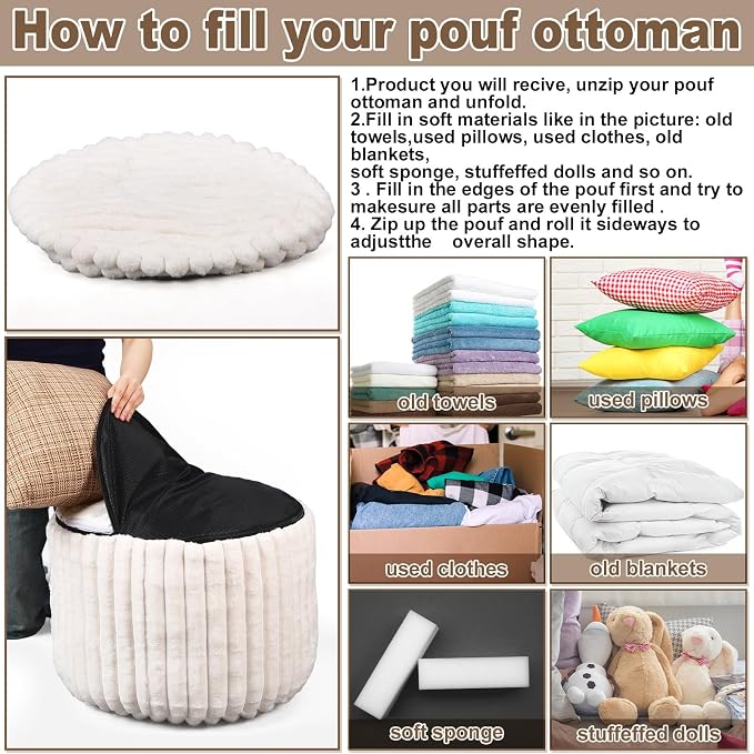 Teenyyou 2 Pcs 20 x 15 Inch Unstuffed Pouf Cover Ottoman Foot Rest - No Filler, Faux Rabbit Fur Foot Stool Floor Bean Bag Floor Chair Storage for Living Room Bedroom Home Decor(Beige)