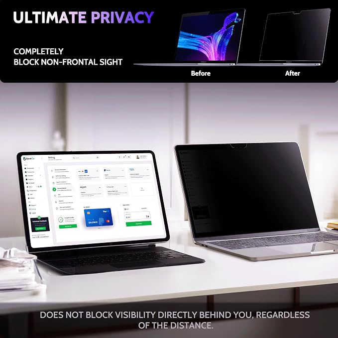Peslv Privacy Screen for MacBook Air 13 Inch (2018-2021, M1) & MacBook Pro 13 In (2016-2022, M1, M2), MagicSuction™ Removable Anti Spy Black Protector, Glare Blue Light Filter for Mac Laptop Computer