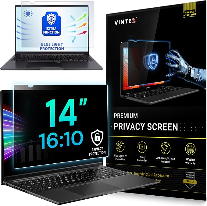 VINTEZ 14 Inch 16:10 Privacy Screen for Computer Monitor and Laptop - Anti Glare Protector Film Blue Light Filter Eye Protection - Computer Screen Privacy Shield