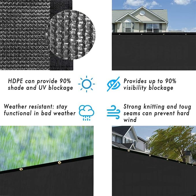 UPGRADE Privacy Fence Screen 6'x32' Black Outdoor 90% Visibility Blockage 170 GSM Mesh Shade Cover Panels for Backyard,Balcony,Home Decoration with Zip Ties,Customized Avaliable
