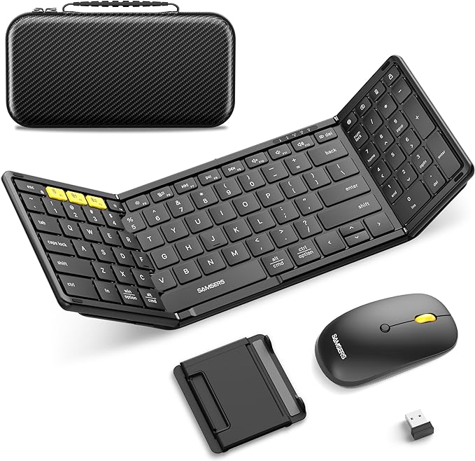 Foldable Keyboard and Mouse, Samsers Folding Bluetooth Keyboard Combo, 2.4G + BT5.0 x 2, Full-Size Portable Travel Keyboard & Rechargeable Wireless Mouse for Windows Android iOS Mac OS, Elegant Black