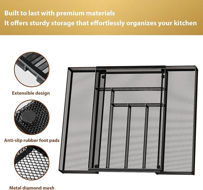 Sedegn Silverware Organizer Metal Mesh, Large Drawer Organizer, Utensil Cutlery Tray for kitchen drawers, Expandable Flatware Organizer with 8 Compartment Black 11.6"~20" x 17.3"
