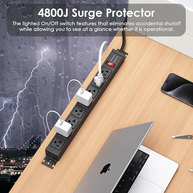 JUNNUJ 20 Amp Power Strip Surge Protector 4800J, Heavy Duty 8 Outlet Metal Multi Angle Mount, 20A Garage Power Strip Shop 6-20R T-Slot, 5-15P Plug 12 Gauge Extension Cord 4ft for Appliance