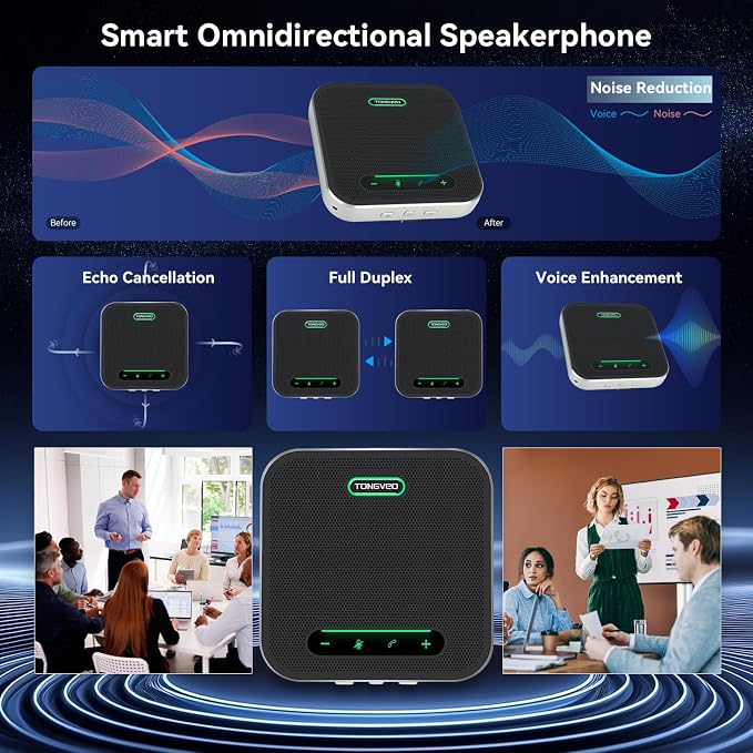 Wireless Conference Speaker and Microphone, 2-in-1 Daisy Chain Bluetooth Speakerphone with 4 Mics Arrays and 360° Voice Pickup and Noise Reduction,Bluetooth/USB/Dongle connection Methods for 30 People