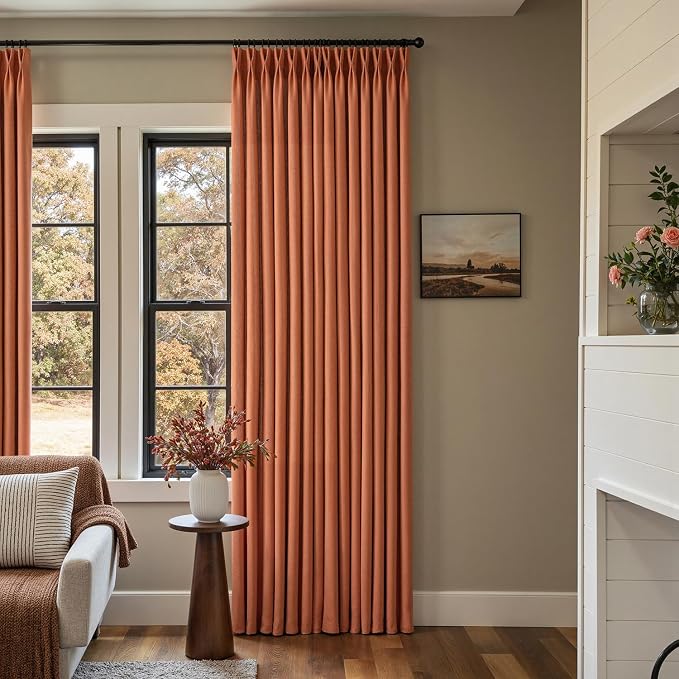 Memory Trained Pinch Pleated Curtains 84 Inches Long, Viral Linen Pinch Pleat Sheer Curtains with Ring Hooks&Clips for Track System Living Room,Terracotta Light Filtering Privacy Curtain 2 Panel Set