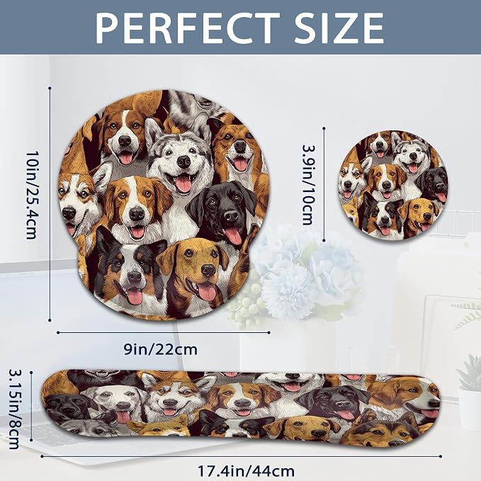 Wrist Rest Mouse Pad and Keyboard Support Set,Cute Dog 3 in 1 Ergonomic Memory Foam Mousepad with Non Slip Base, Gaming Mouse Pad for Office and Home
