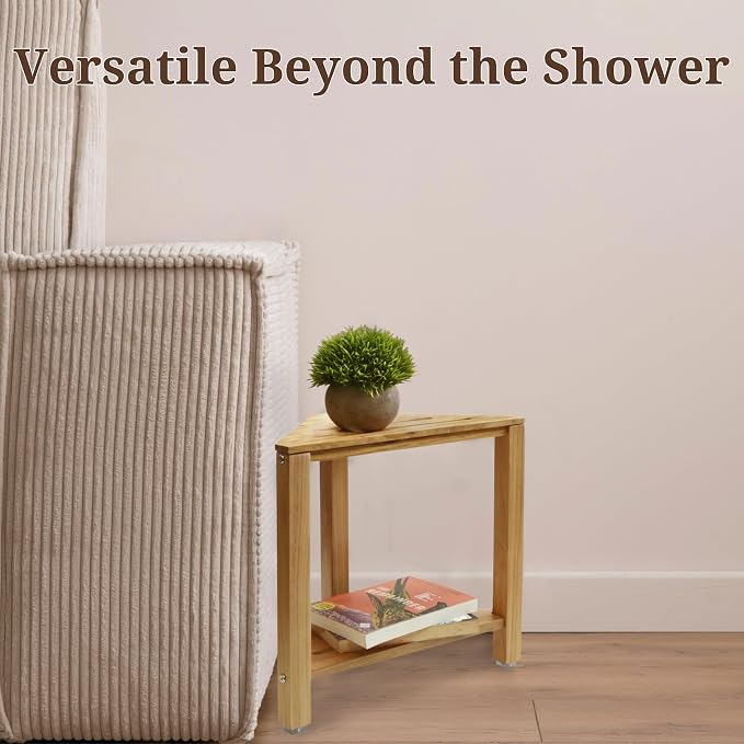Teak Corner Shower Stool 15in, Wood Shower Bench Seat with Storage Shelf, Waterproof Shower Foot Stool for Shaving Legs, Ideal for Inside Shower or Bathroom