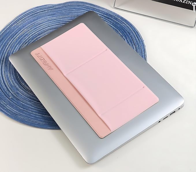AMOZIFY® 3-Pocket Organizer, Mouse Holder for Laptop Stick On, Adhesive Pouch & External Hard Drive Sleeve, SSD Storage Case for MacBook, Reusable (Pink)