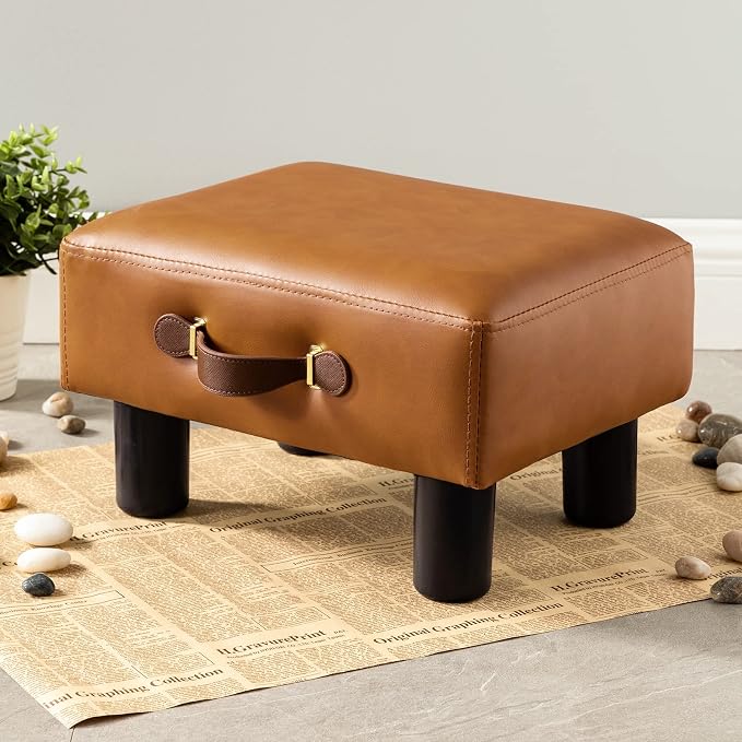 LUE BONA Small Foot Stool with Handle, Whisky Brown PU Leather Short Rest Rectangle Storage Foot Stools Ottoman with Plastic Legs, Padded Small Step Stool for Living Room, Office, Patio