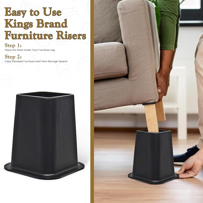 Kings Brand Furniture 6-inch Bed Risers - Set of 4 Black Heavy Duty Stackable Furniture Risers for Under Bed Storage, Desk, Sofa, Couch