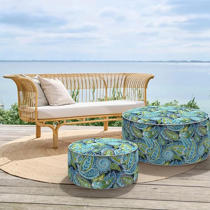 DYTXIII Inflatable Ottoman Stool D31 xH14 for Outdoor/Indoor Use, Water Repellent Patio Foot Rest with Portable Handle,Round Pouf Ottoman Suitable for Garden,Deck and Camping - Paisley Lapis Green
