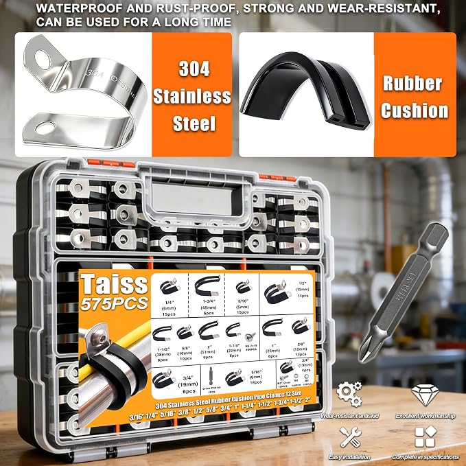 Taiss 575PCS Cable Clamps Assortment Kit 304 Stainless Steel Rubber Cushion Pipe Clamps 12 Sizes P Clamp 3/16"1/4"5/16" 3/8"1/2"5/8"3/4"1"1-1/4"1-1/2"1-3/4"2" Wire Clamp With screws and washer & bit