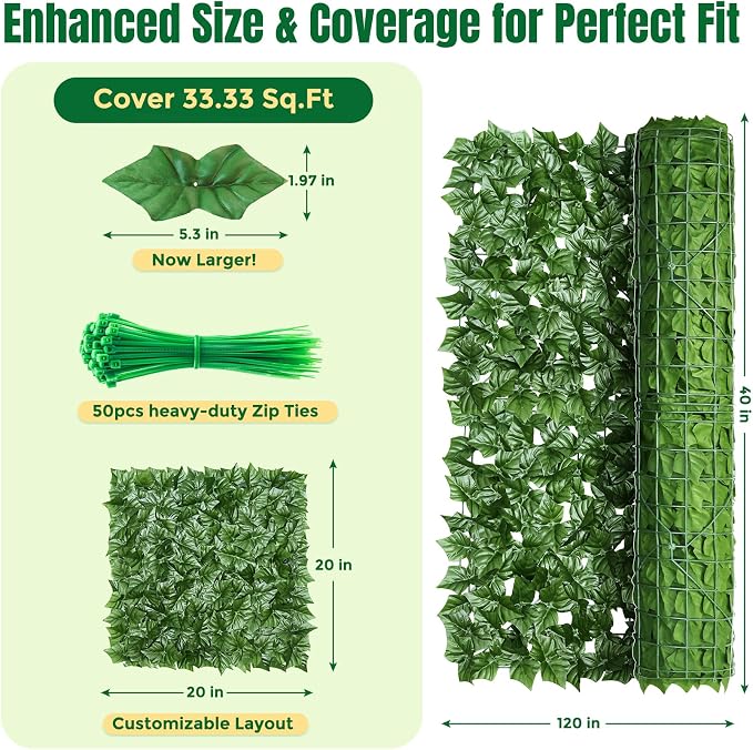 KASZOO Artificial Ivy Privacy Fence Screen - 120x40in Artificial Faux Privacy Fence Panel Artificial Green Wall Balcony Privacy Screen Decoration for Patio, Balcony, Wall, Backyard Indoor Outdoor