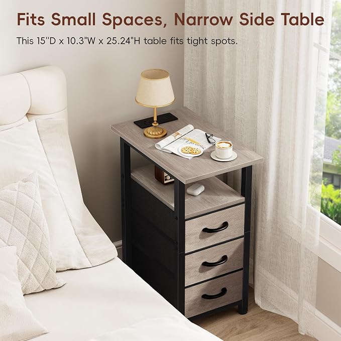Vagusicc Set of 2 Narrow Nightstand with Charging Station, Slim Dresser for Bedroom Narrow Side Table Storage Cabinet with 3 Drawers, Tall Night Stand End Table for Small Spaces, Greige