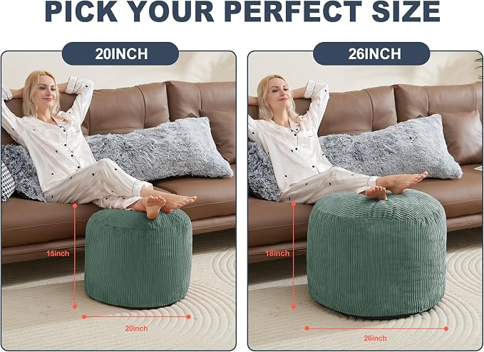 WSOFRLAC Pouf Ottoman Foot Stools with Foam Small Ottoman for Living Room Corduroy Ottomans Pouf 26x18 Floor Poufs Foot Rest for Chair Dark Green Hassocks and Ottomans