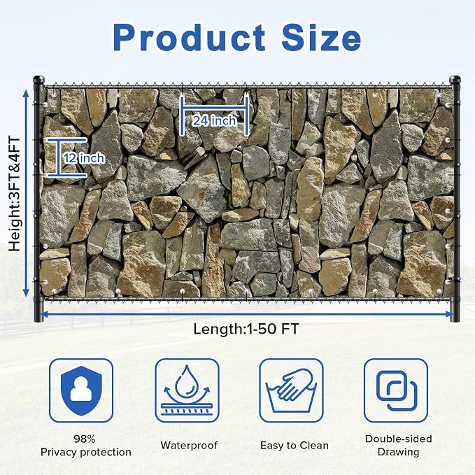 UPGRADE 4'x4'Customized PVC Privacy Fence Screen with Stone Wall Print – Outdoor Waterproof Patio Privacy Cover for Yard, Balcony, Garden Fence Decoration