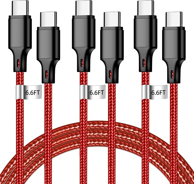 USB C to USB C Charger Cable, 3Pack 6FT Type C Fast Charging Cord Compatible for iPhone 15/16/17/Pro/Max/Plus, iPad Pro Air Ps5 Controller Samsung Galaxy - Red