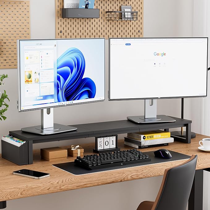 Dual Monitor Stand Riser, 41.5'' Extra Long Wood Monitor Stand Desktop Organizer with Side Pocket, Ergonomic Monitor Riser Supports 2 Monitors,TV,Laptop,Printer for Home Office, Black