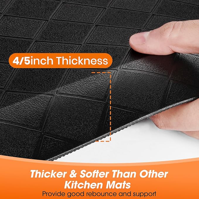 4/5 Inch Extra Thick Kitchen Mats for Floor,Non Slip Anti Fatigue Kitchen Rugs,Waterproof Stain Resistant Sink Mat,Cushioned Standing and Comfort Mats for Office (17"x60" Black)