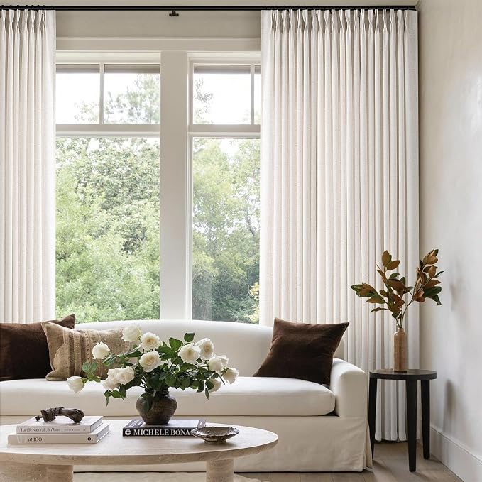 Memory Trained Pinch Pleated Curtains 108 Inches Long, Viral Linen Pinch Pleat Sheer Curtains with Ring Hooks&Clips for Track System Living Room, Natural Light Filtering Privacy Curtain 2 Panel Set