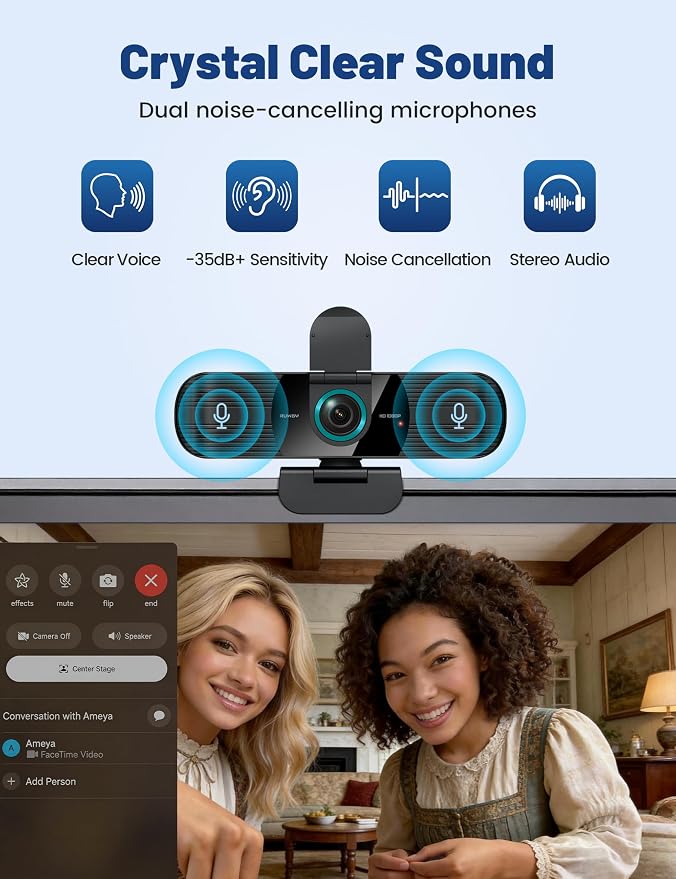 RUWBY Full HD 1080P Webcam with Built-in Dual Mics, Wide-Angle Lens, Privacy Cover, Tripod Stand, Autofocus Computer Camera, Plug and Play for Desktop PC or Laptop