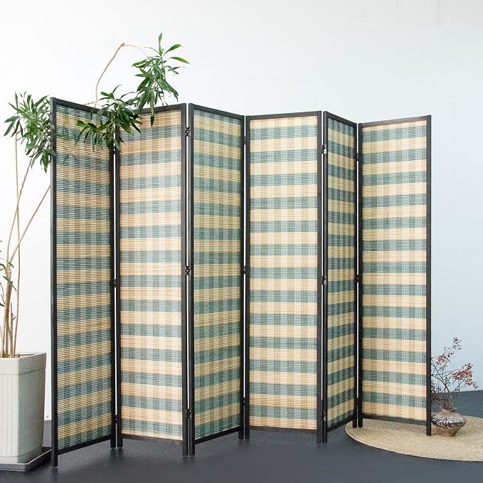 Furnnylane 6 Panel Bamboo Room Divider - 5.6 ft Tall (67" H x 94.5" W), Double-Sided Folding Privacy Screen in Blue Woven Stripe, No-Drill Freestanding Partition for Home Office & Bedroom