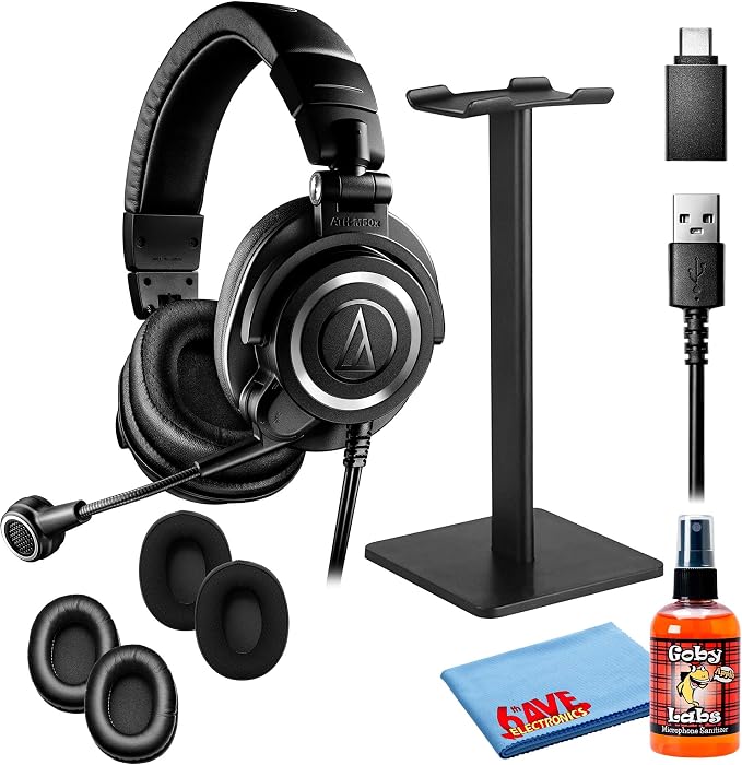 Audio-Technica ATH-M50xSTS-USB StreamSet Headset with USB Connector with Headphone Stand & Goby Labs Headphone Cleaner w/Cloth