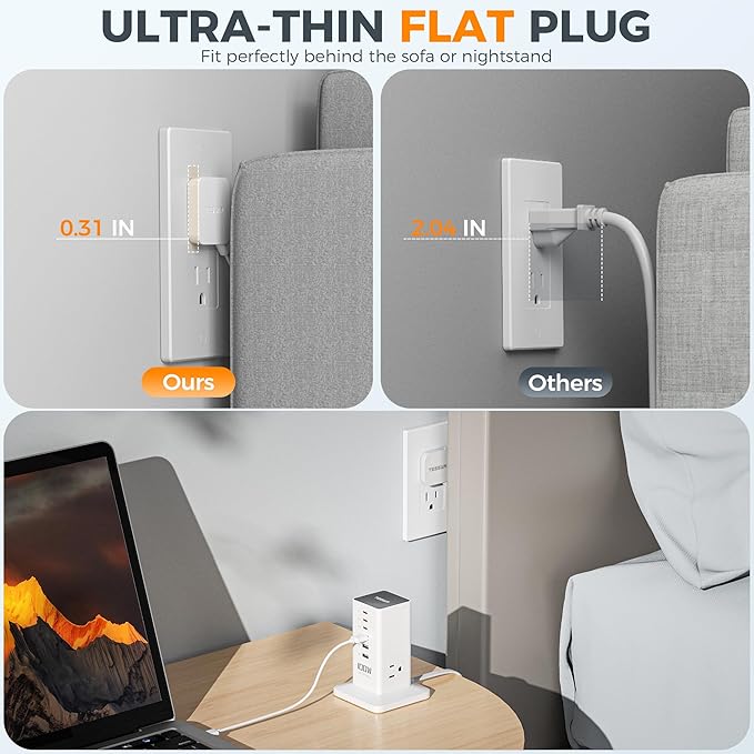 Charging Station for Multiple Devices, TESSAN 9-in-1 USB C Power Strip for iPhone 17/16/15, MacBook, Tablet, Desktop Phone Fast Charger with 3 AC, USB Charger, Home Drom Office Accessories, White-100W