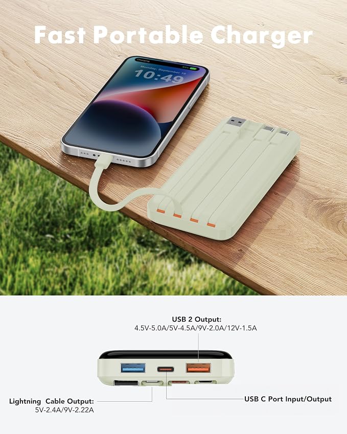 charmast 20000mAh Portable Charger with Built in Cables, 22.5W Travel Power Bank Fast Charging, USB C Cell Phone Battery Pack for iPhone 16/15/14/13/12/11 Series, iPad, Samsung, Android, Tablet
