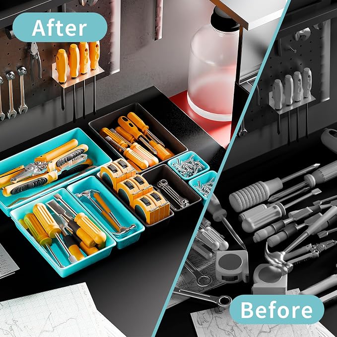 [5 Sizes] [69 PCS] Tool Drawer Organizer, Tool Box Desk Drawer Tray, Rolling Tool Chest, Toolbox Organizer (Black+ Sky Blue)
