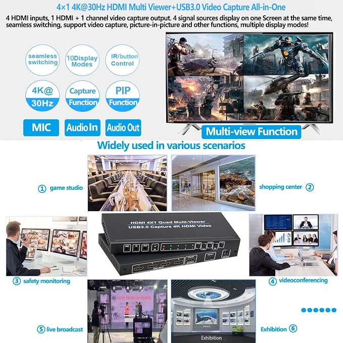 4K HDMI 4X1 Multiviewer with PIP USB3.0 Video Capture SIGRAPID Screen Divider 4 HDMI in 1HDMI and 1USB3.0 Video Capture Out Seamless Switch Display Supports IR/MC/Audio 4K@30Hz(YUV) 10 View Modes etc.
