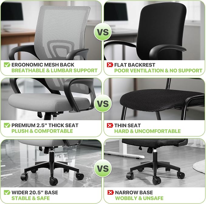 Magshion Ergonomic Office Chair Pack of 2, Mid-Back Mesh Desk Chair, Adjustable Swivel Computer Chair with Lumbar Support & Breathable Backrest for Gaming, Work, Study, 300 Lbs Capacity, Light Gray