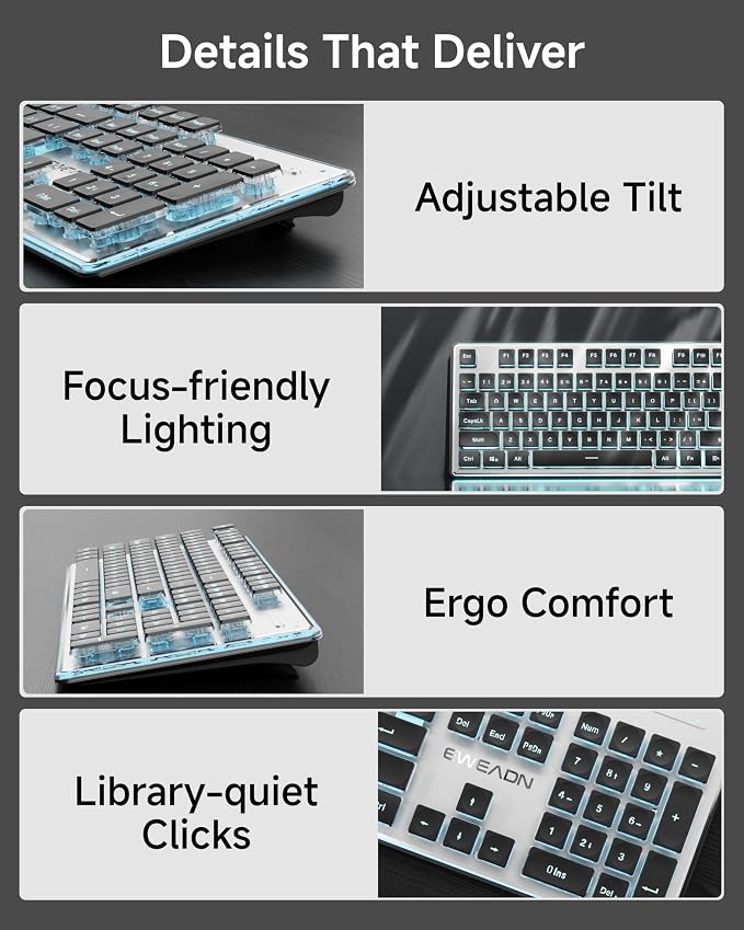 SEUNKWANG EWEADN V3 Wireless Keyboard and Mouse with Blue Backlit, Metal Panel, Bluetooth/2.4G Rechargeable Computer Keyboard and Mouse Combo Silent Lighted Full Size Cordless Keyboards-Black