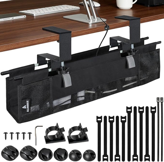 Fabric Under Desk Cable Organizer - Cord Organizer for Desk with 20-Piece Cable Management Kit, Easy Clamp or Screw Mount for Standing Desk Cable Management, Mesh Ventilation Slot