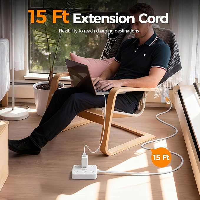 TESSAN 15Ft Grey Extension Cord with Multiple Outlets, Surge Protector Power Strip with 6 Outlets and 4 USB Ports (2 USB C), 2100 Joules Protection, Flat Plug, Outlet Extender for Home, Office, Dorm