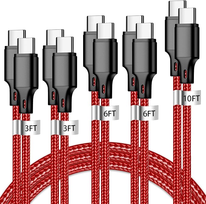 USB C to USB C Charger Cable, 5 Pack [3/3/6/6/10ft] Type C Fast Charging Cord High Data & Transfer Wire Compatible for iPhone 17/16/15 Plus/Pro Max iPad Pro Air Samsung Galaxy(Red)