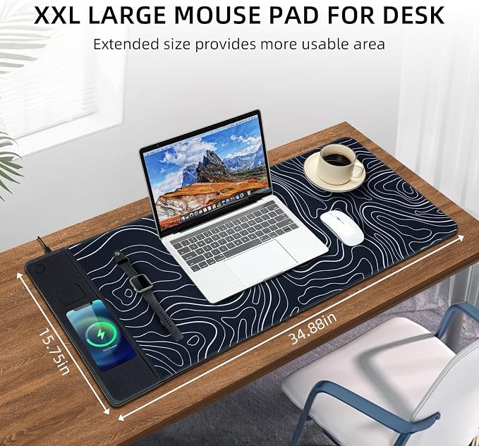 VOVIPO 3 in 1 Wireless Charging Mouse Pad, Gift for Dad/Office Manager,Wireless Charger Compitable with iPhone/Watch/airpods. Wireless Charging Desk Mat 90 x 40cm,Black Topographic Computer Desk Pad