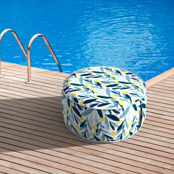 DYTXIII Inflatable Ottoman Stool D21 xH9 for Outdoor/Indoor Use, Water Repellent Patio Foot Rest Stool with Portable Handle,Round Pouf Ottoman Suitable for Garden,Deck and Camping - Leaves Multi