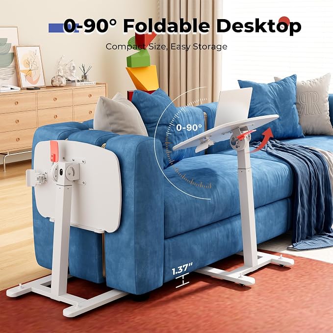 JOY worker Low Height Small Mobile Standing Desk for Couch, Height Adjustable TV Tray Table with 90° Foldable MDF Desktop, Portable Laptop Desk with Low Base & Lockable Hidden Casters, White