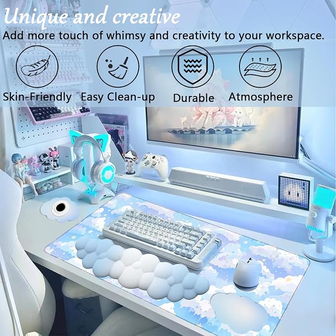Blue Cloud Mouse Pad and Keyboard Wrist Rest 4PCS Extended Large Stars Desk Mat Pad Set Memory Foam Non-Slip Ergonomic Cute Gaming Mouse Pad Wrist Support for Computer Laptop Home Office