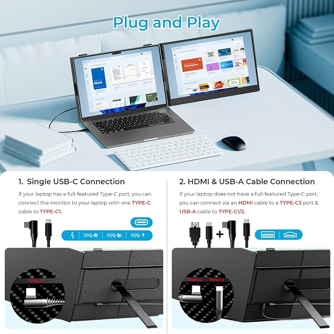 Laptop Screen Extender Ultra-Thin, 14" FHD 1080P Dual Portable Monitor for Laptop, 1.3lbs Lightweight Travel Monitor Extender Fit 13”-17.3”, Plug and Play for Windows/Mac/Android/Chrome