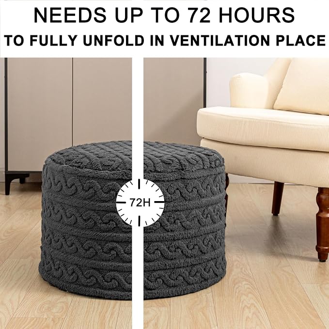 Round Plush Ottoman Pouf Stuffed– Fluffy Ottoman Foot Rest with Modern Foam Filler 20" x 14" Cozy Floor Pouf for Living Room & Bedroom (Gray)