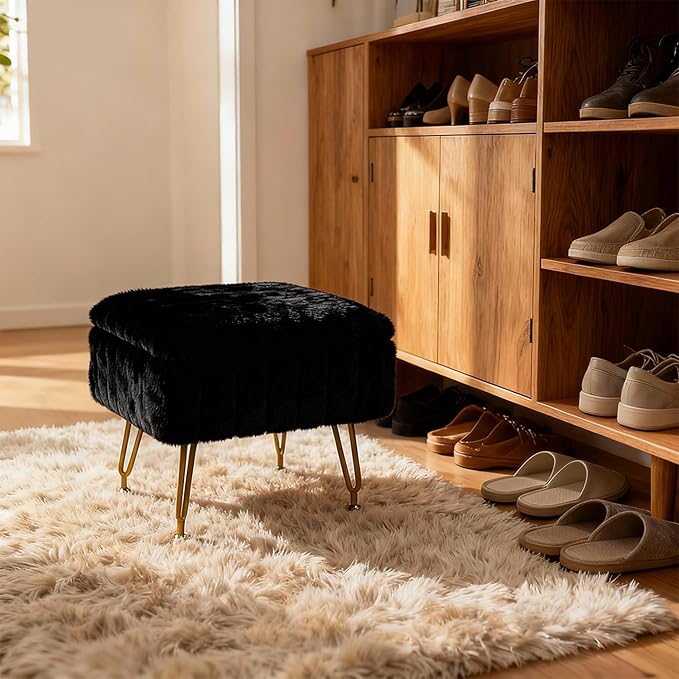 Small Foot Stool with Storage & Gold Metal Legs, Small Ottoman Foot Rest Under Desk for Couch, Chair, Black Furry with High-Density Resilient Sponge